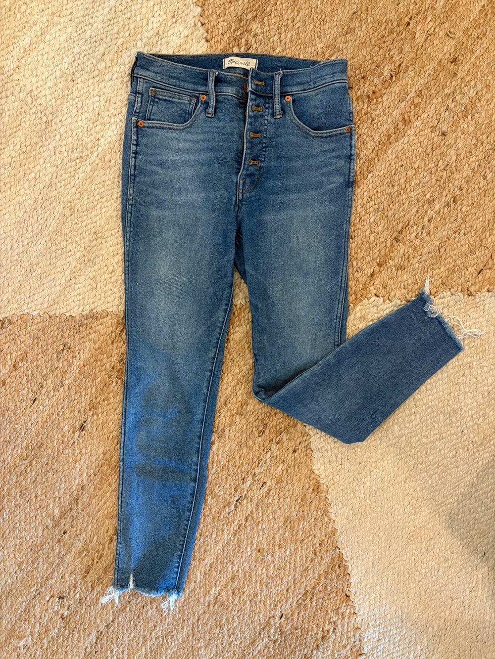 Madewell High-Rise Button-Fly Skinny Jeans in Blue Wash with Frayed Hem